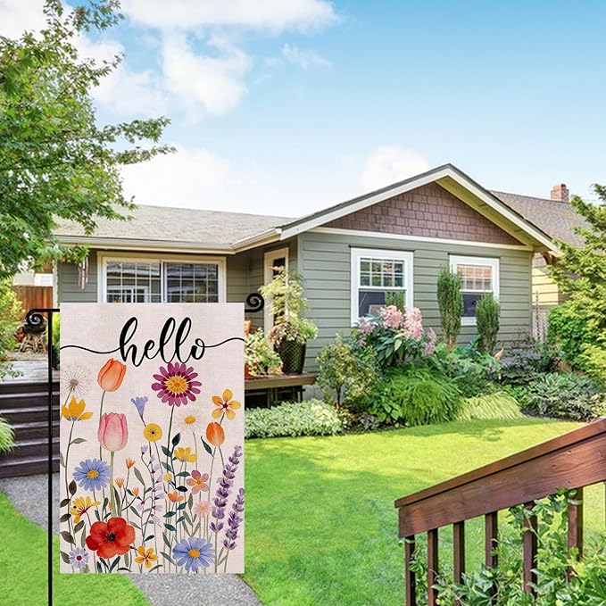 Hello Spring Floral Garden Flag 12x18 Inch Double Sided, Colorful Floral Summer Farmhouse Holiday Yard Outdoor Decorative Flag for Outesid