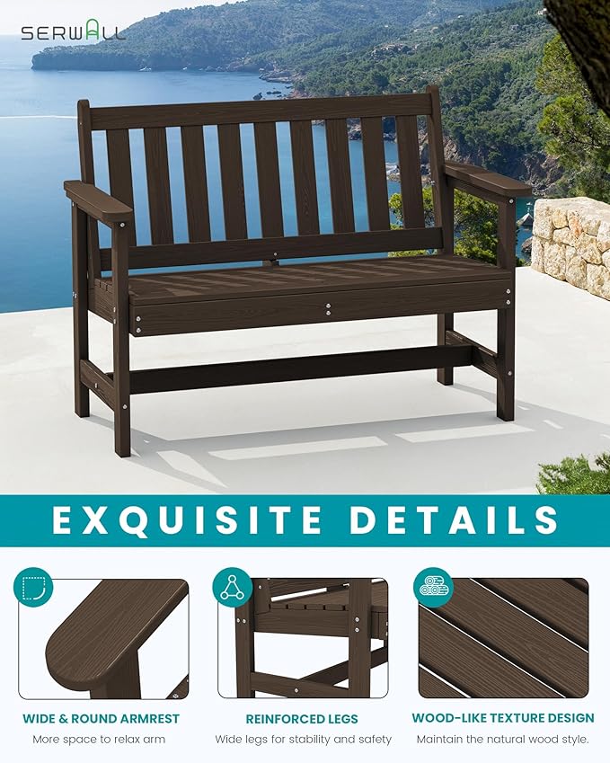 SERWALL Outdoor Bench, HDPE Outdoor Benches Weatherproof, 2-Person Garden Bench with 660 lbs Weight Capacity, Patio Benches for Outdoors, Garden, Porch, Backyard and Park, Coffee