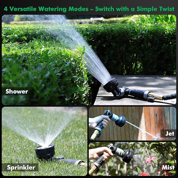 RESTMO Multi-Angle Garden Hose Nozzle with Sprinkler Function, Heavy Duty Water Hose Nozzle with 4 Spray Patterns, Magic Twist and Thumb Flow Control for Garden Watering, Car Washing & Yard, Black