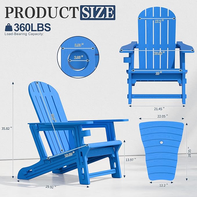 Vongrasig Adirondack Chairs Set of 2 with Removable Tabletop, Outdoor HDPE Plastic Fire Pit Chair Set with Wooden Textured, Cup Holder for Patio, Poolside, Deck, Garden, Light Blue, 3 Pieces
