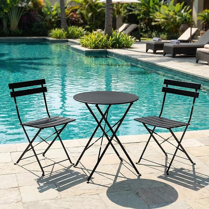 GarveeHome 3-Piece Foldable Bistro Set, Outdoor Patio Furniture with 2 Folding Chairs & 1 Table, Weather-Resistant Indoor/Outdoor Conversation Set for Patio, Black