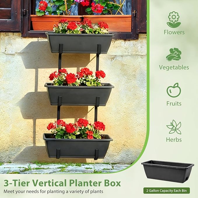 OYEAL Railing Planter Box 3-Tier Vertical Hanging Planters Outdoor with Adjustable Brackets & Drainage Tray Window Boxes Planters for Indoor Outdoor Garden, Patio, Home, Balcony Decor Gray