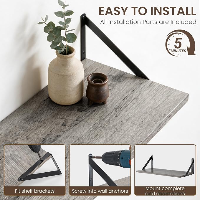 Dreamland Wall Mounted Floating Shelves Set of 2, 24x12, Grey