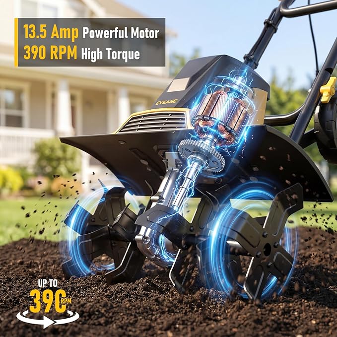 Electric Tiller for Gardening, 18-Inch 13.5-Amp Rototiller & Cultivator with 6x4 Steel Tines, 8.7" Adjustable Tilling Depth, Foldable Electric Garden Tiller with Wheels for Lawn/Yard