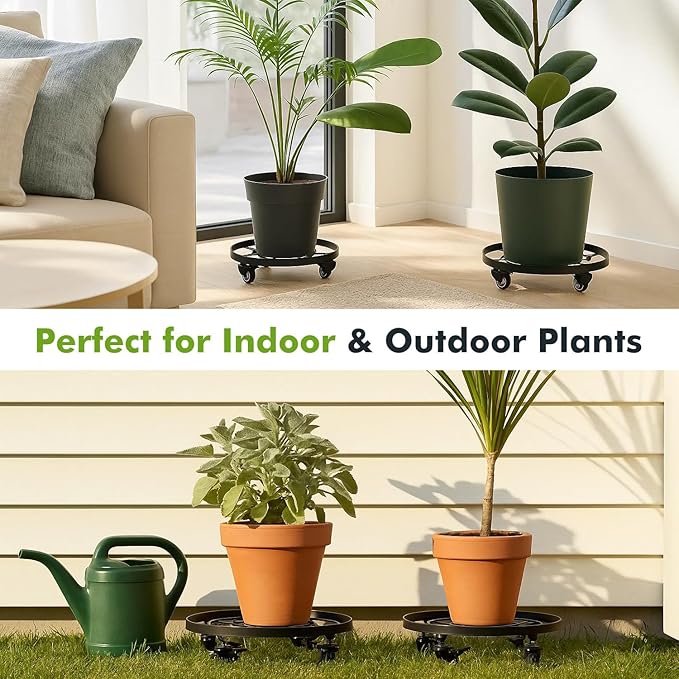 3 Packs 12.6 Inch Large Metal Plant Caddy with Wheels Plant Dolly with Casters Heavy-duty Rolling Wheeled Plant Stand for Indoor Outdoor Flower Pot Mover Rollers Coasters Black, Strong Load Capacity