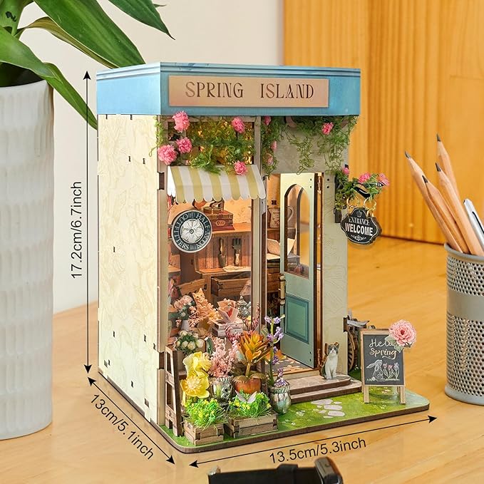 Book Nook Kit - DIY Miniature House Kit for Adults, Teens & Beginners, Spring Flower Shop Dollhouse Booknook Tiny House Bookshelf Decor 3D Wooden Puzzle, Gifts for Family, Friends