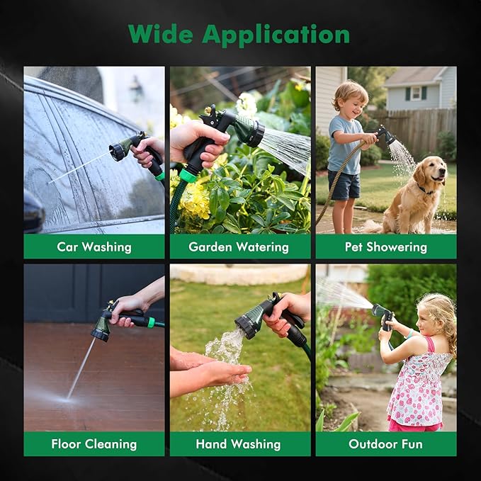 RESTMO Garden Hose Spray Nozzle, Water Hose Nozzle Heavy Duty, High Pressure Hand Sprayer with 6 Adjustable Watering Patterns, Slip Resistant for Watering Plants, Car Washing & Pet Showering, Green