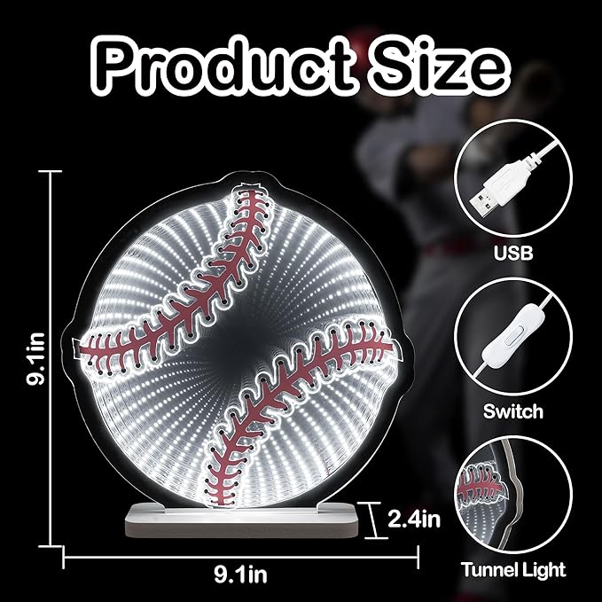 3D Baseball Infinity Mirror Light, 3D LED Infinity Mirror Night Light with Endless Stadium Tunnel Effect, USB Powered 3D LED Lights for Man Cave & Game Room Decor, Gift for Boys Men, 9.1"