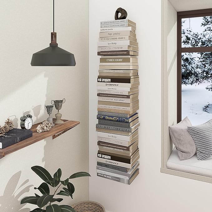 Mefirt 4 Tier Black Invisible Floating Bookshelves for Wall | Vertical Spine Book Tower, Heavy Duty Floating Book Shelves Metal Book Organizers for Home Office, 2 Pack