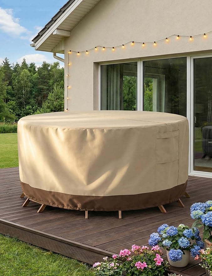 Vailge Patio Furniture Covers Round, Outdoor Furniture Covers Waterproof Windproof, 600D Oxford Outdoor Patio Table and Chair Cover(Beige&brown, 110"DIAx28"H)