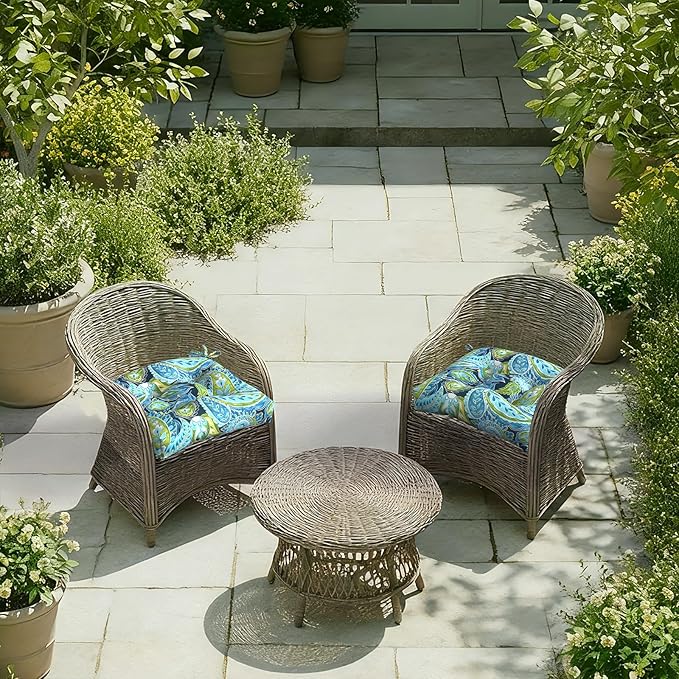 DYTXIII Set of 2 Outdoor Chair Cushions 19"x19"x4", Water Repellent Tufted Patio Seat Cushions with Ties, Thick Replacement Pads for Wicker Dining Chairs, Patio Furniture, Paisley Lapis Green