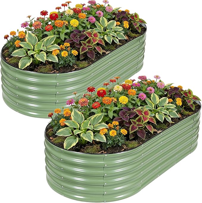 Galvanized Raised Garden Beds Outdoor, 6x3x1.4ft Oval Metal Raised Beds for Gardening, Rust-Resistant Garden Planter Box for Planting Vegetables, Flowers, Fruits in Lawn(Olive Green, 2 Packs)