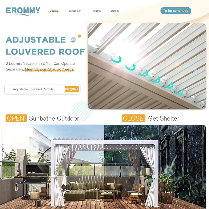 EROMMY Louvered Pergola 10x10, Outdoor Aluminum Pergola with Adjustable Rainproof Roof for Garden, Patio, Deck, Waterproof Curtains and Netting Included, White