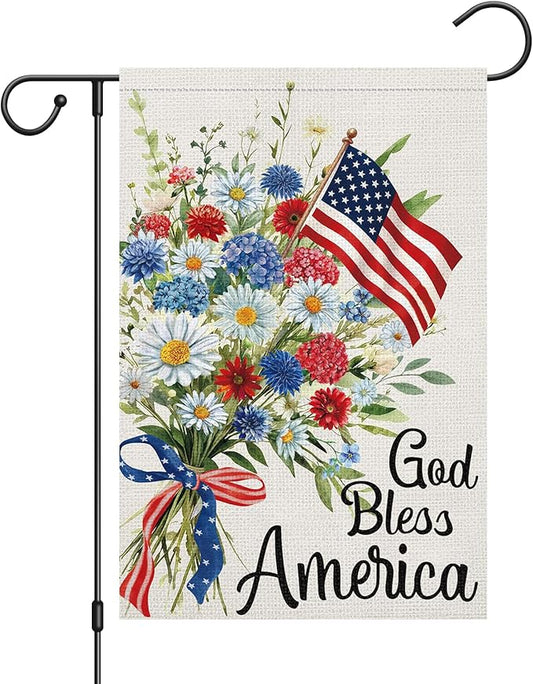 God Bless America 4th of July Garden Flag 12x18 Inch Double Sided Burlap Outside, Daisy Floral Patriotic Yard Flag for Independence Day Outdoor Decoration