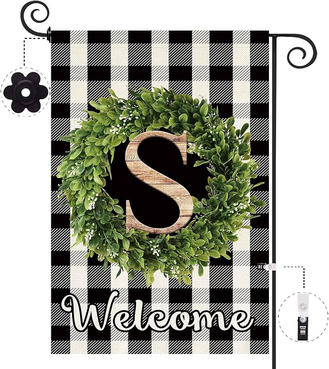 Baccessor Monogram Letter S Garden Flag 12.5 x 18 Inch, Buffalo Plaid Family Last Name Initial Boxwood Wreath Welcome Vertical Double Sided Small Flags for Outdoor Outside Decoration
