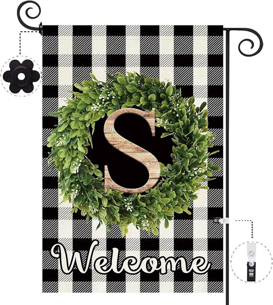 Baccessor Monogram Letter S Garden Flag 12.5 x 18 Inch, Buffalo Plaid Family Last Name Initial Boxwood Wreath Welcome Vertical Double Sided Small Flags for Outdoor Outside Decoration