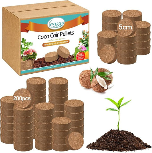 Legigo 200 PCS 50mm Coco Coir Pellets Potting Soil Mix- Compressed Coconut Coir Discs Seed Starting Soil Pellets, Coco Peat Soil Pods for Indoor & Outdoor Plants, Gardening Herbs Bonsai and Vegetables