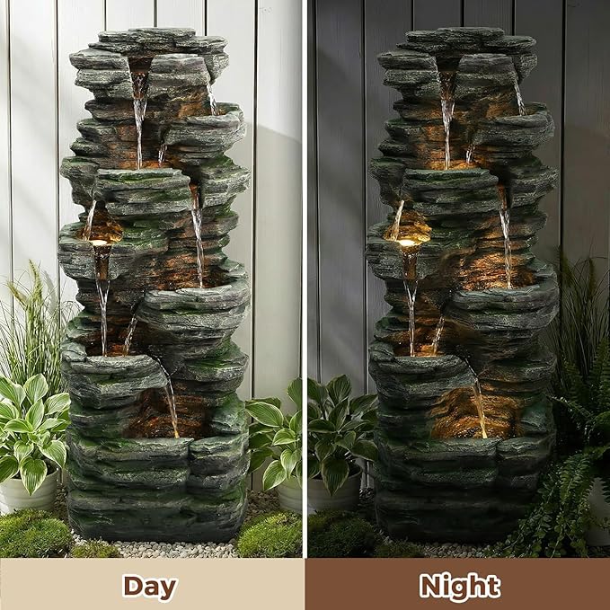 46" H Outdoor Water Fountain, 7-Tiers Cascading Rock Waterfall Fountain with 6 Warm LED Lights, Large Water Feature for Outdoor Indoor, Garden Water Fountain for Patio, Yark, Deck, Porch, Home Decor