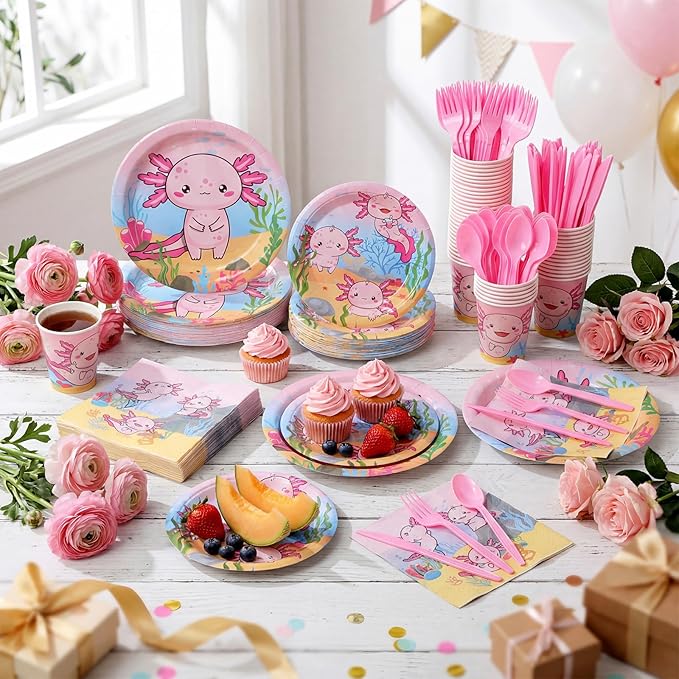 Funnymoom 400 Pcs Axolotl Birthday Party Supplies for 50 Guests Pink Cartoon Axolotl Paper Plates and Napkins Knives Spoon Fork Cup Disposable Reptile Animals Dinner Sets for Baby Shower Party