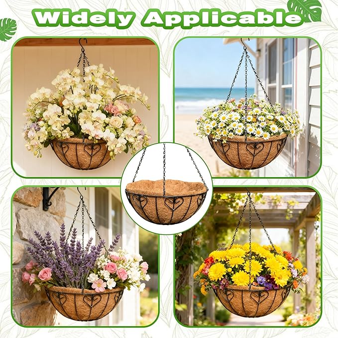 4 Pack 12 Inch Metal Outdoor Hanging Baskets Black Heavy Duty Hanging Planters with Coco Liners for Indoor Outdoor Plants Gardens Patios Terraces（Heart-Shaped）