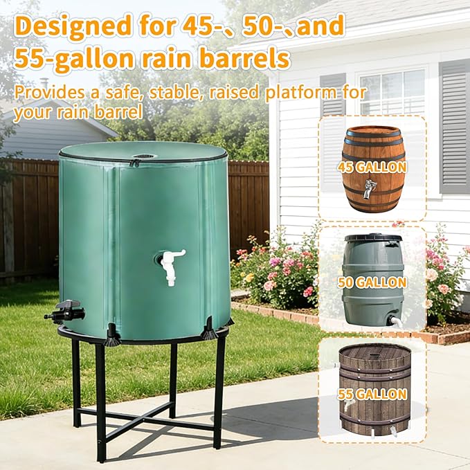 Stainless Steel Rain Barrel Stand, Rain Water Collection Barrel Stand, Heavy Duty Water Collection Base for 45/50/55 Gallon Plastic Rain Barrel