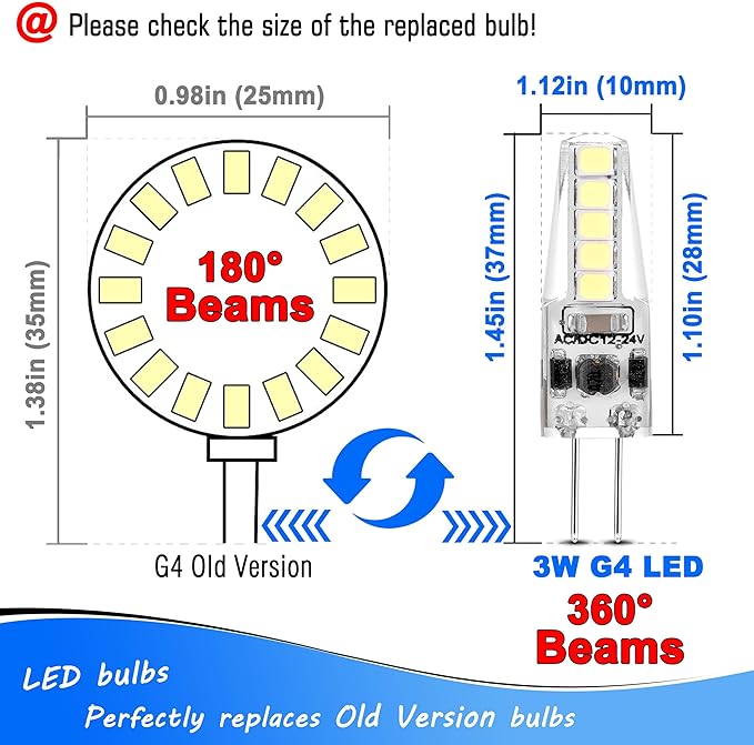 Heifymi 12 Volt G4 LED Bulb,20W-35W T3 JC Halogen Bulb Equivalent, 6000K Daylight White 3W 350LM for RV Camper Puck Light,Chandeliers,Landscape Lighting,Microwave Lighting,Under Cabinet Light,10 Pack