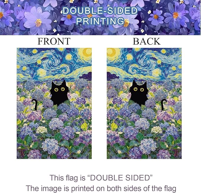 Baccessor Spring Summer Cat House Flag 28x40 Inch Double Sided Burlap, Hydrangea Flowers Starry Night Large Flags Welcome Porch Patio Yard Seasonal Farmhouse Outside Outdoor Decor