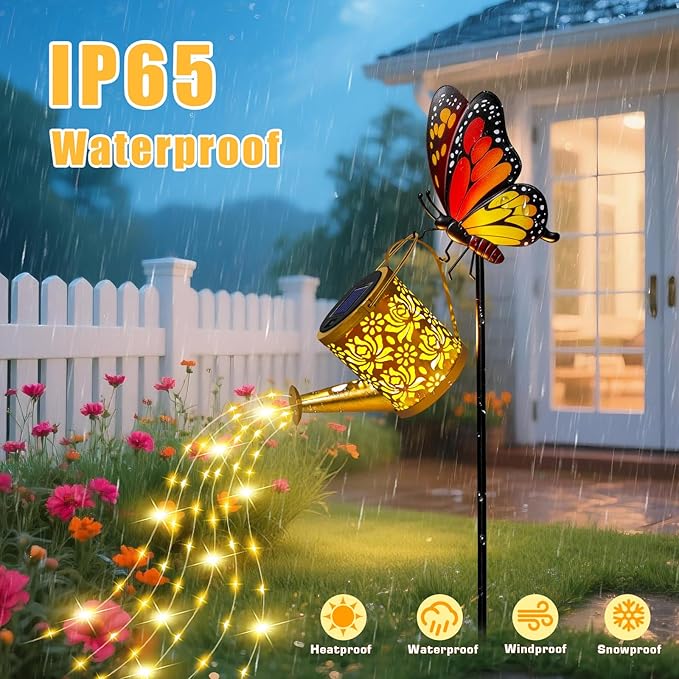 Solar Lights Garden Decor, Waterproof Solar Watering Can with Butterfly Garden Stakes, Outdoor Light with Cascading Lights for Yard Art Outside Patio Lawn Porch, Birthday Gift for Mom Women