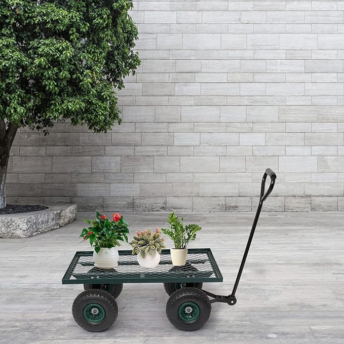 Outvita Metal Deck Garden Cart with 10” Air Tires, Heavy Duty Wagon Cart for Farm, Yard and Cargo (Green)