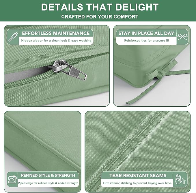 Summsun Waterproof Outdoor Patio Cushions with Removable Cover, Fade Resistant Back Pillow and Seat Cushion Set for Yard Porch Garden, 19 x 19 Inch, Sage Green, Set of 2