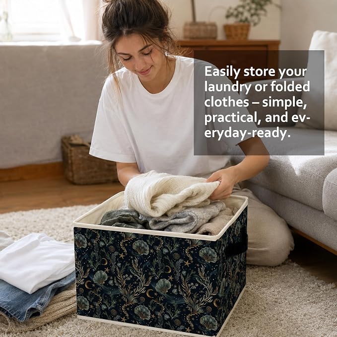 Dark Witchy Ocean Beach Storage Bins Box, Mystical Celestial Coastal Seashell Starfish Seaweed Collapsible Storage Basket Clothes Toys Books Organizer for Bedroom Laundry Room Home Decor