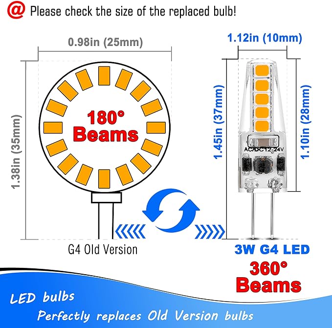 Heifymi G4 LED Bulb 3 Watt Equivalent 20W-35W Halogen Bulbs 2700K Warm White 350LM AC/DC 12-24 Volt for Landscape Lighting, Under Cabinet Lighting, Chandelier Lighting, Microwave Lighting,10 Pack