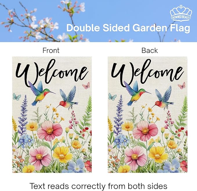 CROWNED BEAUTY Spring Garden Flag Floral Hummingbirds 12x18 Inch Double Sided Small Seasonal Holiday Decoration for Outdoor Lawn Yard