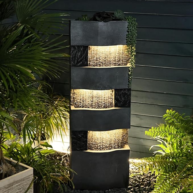 Sunlinua 40.5" H Modern Outdoor Water Fountain with LED Lights – Tall Garden Waterfall Fountain for Patio, Yard, Landscape or Indoor Decor, 4 Tiers Floor Standing Waterfall Outdoor Fountains