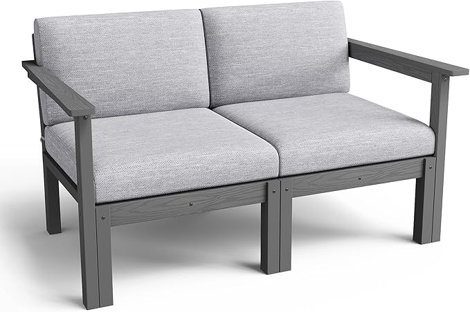 Stoog Modular 2-Seater Outdoor Bench, Convertible Loveseat with Removable Arm – Waterproof HIPS Frame & Olefin Cushions for Patio, Poolside, Backyard, Grey