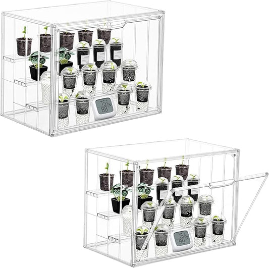 Clear Mini Greenhouse Indoor, 2 Pack Small Portable Tabletop Green House with Magnetic Door for Seed Starting, Plant Grow Warmer and Home Gardening Display
