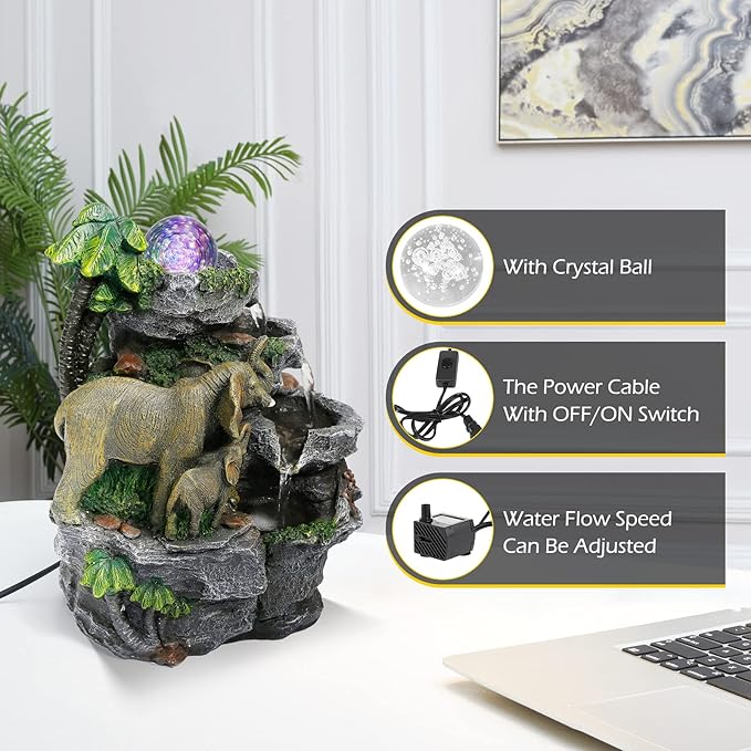 Dyna-Living Elephant Fountain Indoor Water Fountain, Tabletop Waterfall Fountain with Colorful LED Light and Rolling Ball Zen Water Feature Quiet Pump for Home Office Desk Decoration Gift