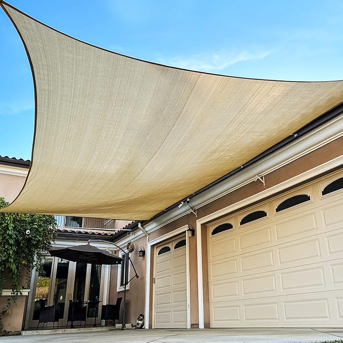 Sun Shade Sail Canopy, Patio Shade Cloth Outdoor Cover - Sunshade Fabric Awning Shelter for Pergola Backyard Garden Carport (Sand, 8' x 16' Rectangle)
