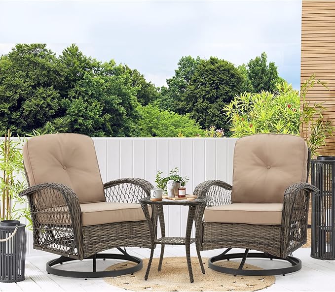 MELLCOM 3 Pieces Patio Furniture Set, Outdoor Swivel Rocker Patio Chairs, Wicker Patio Bistro Set with Rocking Chair, Thickened Cushions and Glass Coffee Table for Backyard, Garden, Khaki