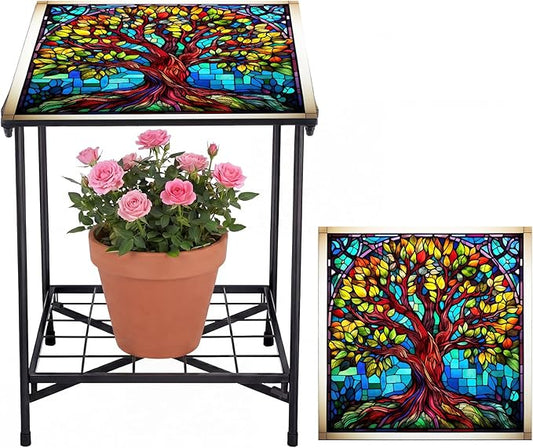 Cinnvoice Outdoor Side Table 2-Tier Storage Square Small Mosaic Patio Accent Indoor End Plant Coffee Tea Table for Yard Patio Porch Garden Living Room, Bedroom(Tree of Life Style)