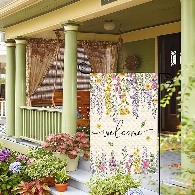 Spring Summer Wisteria Wildflowers Welcome Garden Flag 12 x 18 Inch Double Sided, Daffodils Floral Burlap Small Yard Flag Holiday Farmhouse Flags for Patio Outdoor Outside Decoration