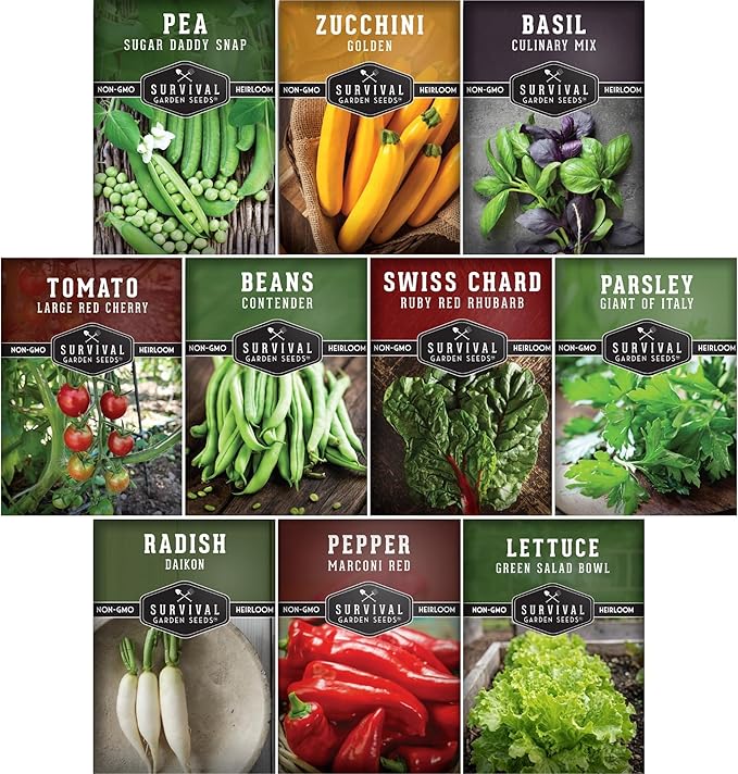 Easy to Grow Vegetable & Herb Seed Collection - 10 Packs of Non-GMO Heirloom Open-Pollinated Veg & Herb Essentials for Gardening Beginners - Seed Saver Instructions on Packets - Survival Garden Seeds