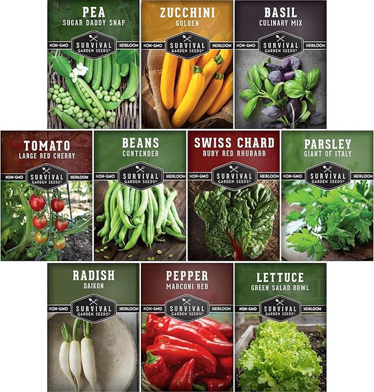 Easy to Grow Vegetable & Herb Seed Collection - 10 Packs of Non-GMO Heirloom Open-Pollinated Veg & Herb Essentials for Gardening Beginners - Seed Saver Instructions on Packets - Survival Garden Seeds