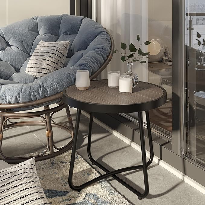 Grand patio Outdoor Side Table, Round End Table with Imitation Wood Tabletop, Dark Grey