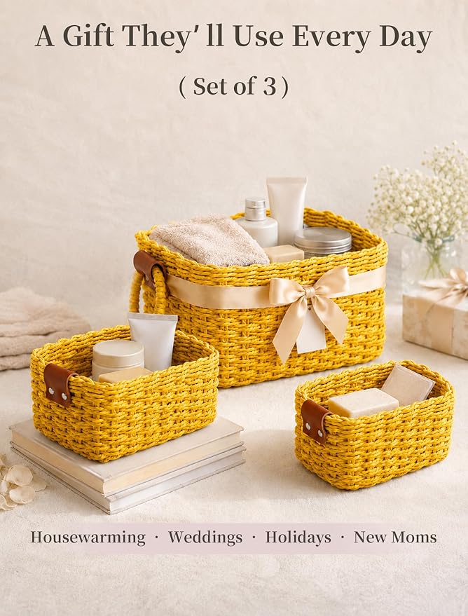 Small Wicker Baskets, 3 PCS Paper Rope Baskets for Shelves, Yellow | Recycled Small Baskets, 3 Sizes Woven Baskets for Organizing, Decorative Storage Baskets for Bedroom and Bathroom
