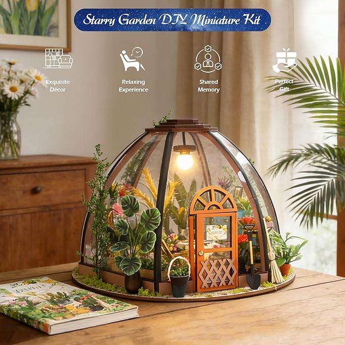 Soothee DIY Miniature House Kit, DIY Book Nook with LED Light | 3D Puzzles for Adults and Teens, Tiny Greenhouse Building Kits for Bookshelf Decor, Relaxing Gift for Craft Lovers | Starry Garden