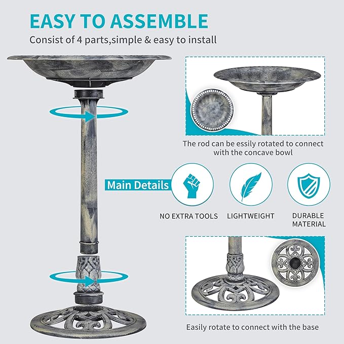 VECELO 28" Pedestal Outdoor Bird Bath with Solar Powered Fountain for Outside, Vintage Bronze Polyresin Lightweight Antique, Yard/Garden Decoration, Gray