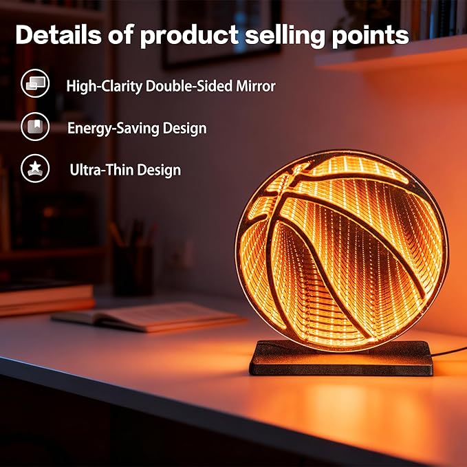 3D Basketball Infinity Mirror Light, LED Infinity Mirror Night Light with Glowing Sports Effect, USB Powered 3D LED Lights for Man Cave & Game Room, Unique Basketball Gift for Boys Men, 9.1"