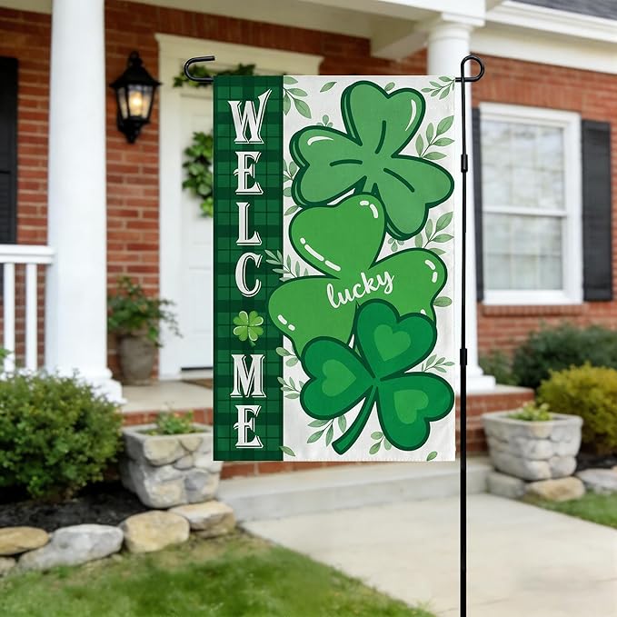 OHOME St Patricks Day Decorations - Shamrock Garden Flags | St Patricks Day Party Favors Supplies Decor Indoor Outdoor - St Patrick's Day Welcome Backdrop Banner for Garden Porch Patio Lawn Yard