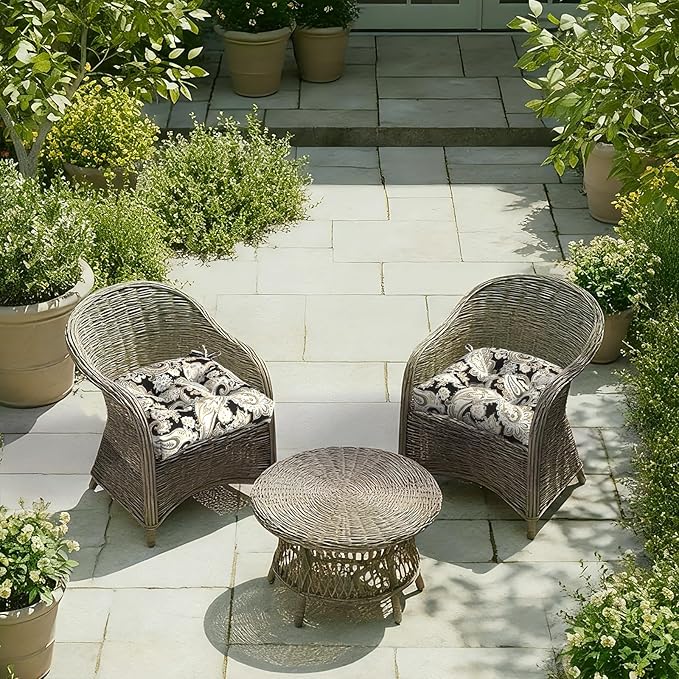DYTXIII Set of 2 Outdoor Chair Cushions 19"x19"x4", Water Repellent Tufted Patio Seat Cushions with Ties, Thick Replacement Pads for Wicker Dining Chairs, Patio Furniture, Paisley Black